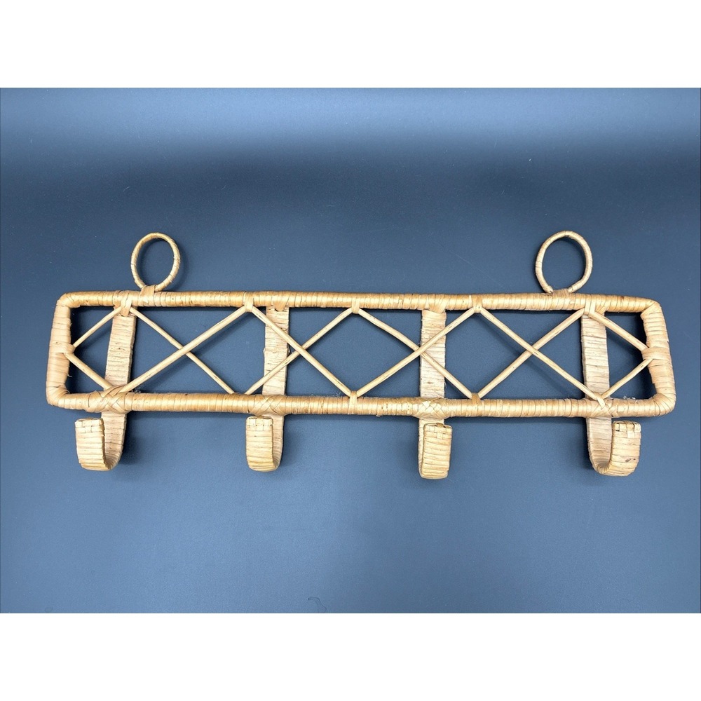 VTG 70s Rattan Wicker Wall Coat Rack 4 Hooks Diamond Lattice Jiangsu China Boho